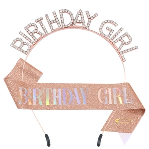 Rose gold Birthday Girl tiara with pink glitter sash set for women party decoration