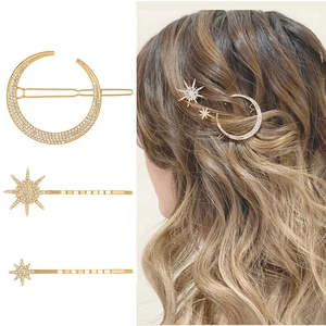 Vintage gold moon and star hair clip set with sparkling rhinestones for elegant styling