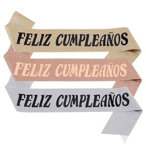 Lot de trois écharpes d'anniversaire Feliz Cumpleanos en espagnol doré, rose gold et argent