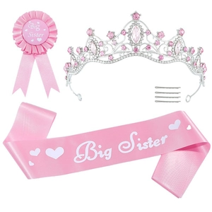 Coffret fête Big Sister rose avec couronne strass, écharpe satin, badge et barrettes