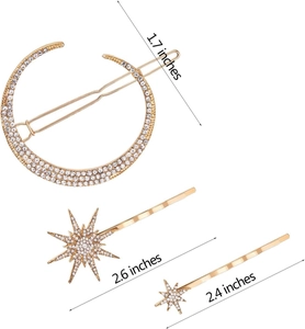 Size measurements for gold moon and star hair clip set with sparkling rhinestones