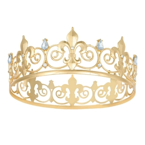 Golden fleur-de-lis crown for men with light blue teardrop gems and white rhinestones