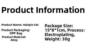 Detailed specifications for alloy hair clip set showing weight, size and materials