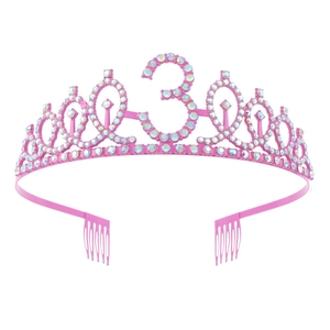 Pink rose gold birthday crown with rainbow AB rhinestones and number 3 hair comb