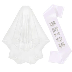 Bridal set with white double-layer mesh veil and rhinestone BRIDE satin sash for party