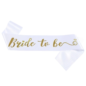 White satin Bride To Be sash with gold foil lettering for bridal shower party events