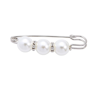 Elegant silver pearl brooch pin with three white pearls and sparkling crystal spacers