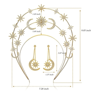 Detailed size chart of golden celestial crown and earrings with star and moon motifs