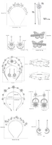 Size guide for celestial star and moon headbands, hairpins and sun earrings with weights
