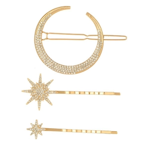 3-piece gold alloy hair clip set with moon and star shapes encrusted with sparkling rhinestones