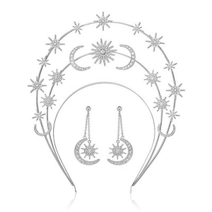 Celestial silver alloy headpiece and earring set with shimmering moon and star motifs