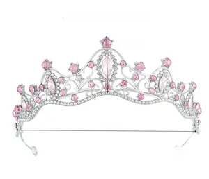 Detailed size specifications of the pink rhinestone bridal tiara showing height and width