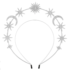Celestial silver sun and moon headband with sparkling crystals and double layer metal band