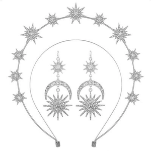 Celestial silver sun and moon headband with matching star drop earrings set