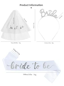 Detailed dimensions of white bride to be veil, rhinestone headband and satin sash set
