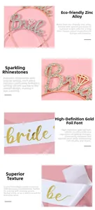Detail of rose gold rhinestone Bride headband and gold foil Bride to Be sash set