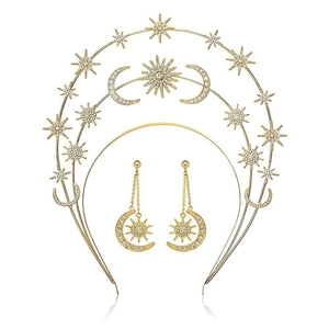 Golden Baroque celestial jewelry set featuring sunburst crown and moon star earrings