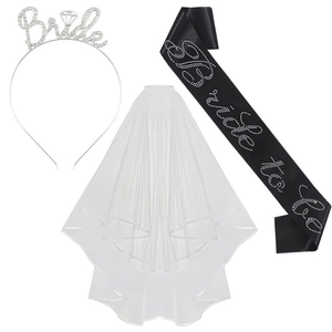 Set Bride to be con cerchietto strass velo bianco e fascia in raso nero