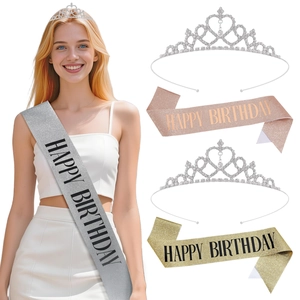 Sparkling birthday crown and glitter sash set in silver gold and rose gold colors