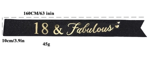 Detail view of 160x10cm black glitter 18 & Fabulous sash with gold lettering