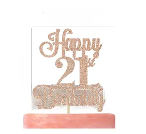 Detailed size specifications for rose gold glitter Happy 21st Birthday cake topper