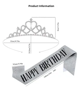 Detail view of crystal princess crown and black glitter Happy Birthday sash set