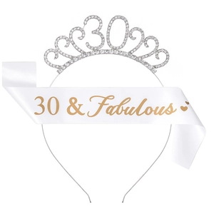 Glittering 30th birthday set with crystal crown and 30 & Fabulous white satin sash