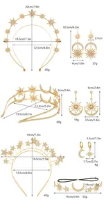 Size chart for celestial moon star crown and earrings set with imperial and metric units