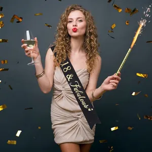 Black satin 18 and Fabulous birthday sash with gold glitter for party celebration