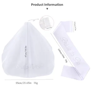 Size chart showing Bride to Be sash and veil dimensions for bachelorette party decor