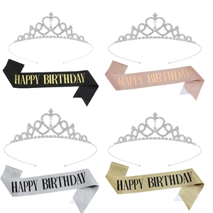 Crystal Rhinestone Birthday Crown Tiara And Happy Birthday Sash Set For Women Girls Birthday Party Decorations Favor Gift