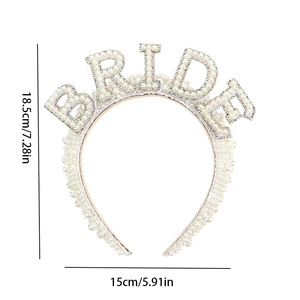 Detailed dimensions of pearl BRIDE headband with height 18.5cm and width 15cm