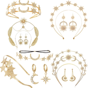 Baroque Gold Star Moon Headband Earring Set Luxurious Rhinestone Celestial Hair Accessories For Wedding Party Women Jewelry