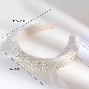 Detail showing dimension of luxury thick headband with dense pearls on white background