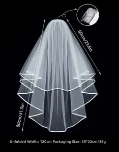 Detail view of double-layer white bridal veil with comb showing length 60-80cm