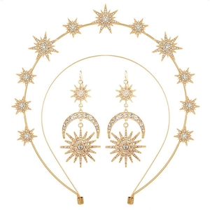 Baroque celestial star and moon jewelry set with golden rhinestones on white background