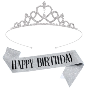 Silver crystal princess crown with Happy Birthday glitter sash set for party girls