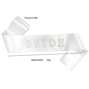 White satin bridal sash with pearl BRIDE lettering showing dimensions 160x9.5cm
