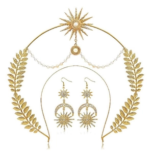 Baroque style gold sun and moon goddess headpiece and earrings set with pearls and rhinestones