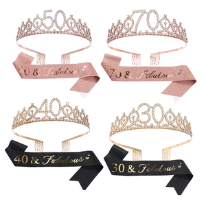 Ensemble Couronne D'Anniversaire Avec Chiffres Et Écharpe Strass Alliage Serre-tête Pour Femmes Filles Décoration Fête