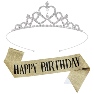 Silver crystal birthday crown tiara with gold glitter Happy Birthday party sash set