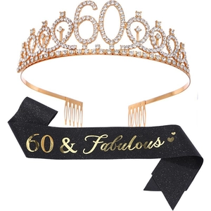 Kit 60e Anniversaire: Couronne Strass Or Rose et Écharpe Noire 60 & Fabulous