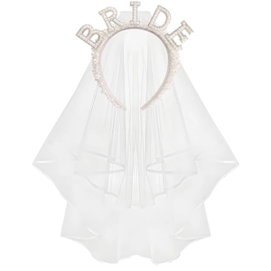 Elegant pearl BRIDE headband with white double-layer bridal tulle veil for wedding parties