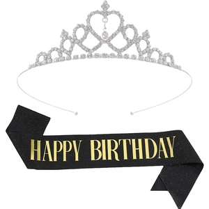 Silver rhinestone princess crown and black glitter Happy Birthday sash party set