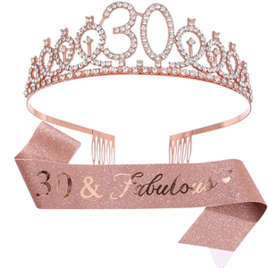 Kit 30e anniversaire or rose avec couronne strass et écharpe à paillettes 30 & Fabulous