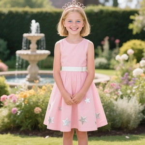 Abito rosa senza maniche da bambina con stelle di paillettes e corona di strass