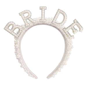 White pearl BRIDE headband for wedding parties and bridal showers on white background