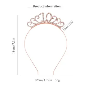Dimensioni dettagliate per la tiara del 10° compleanno in oro rosa con strass lucidi