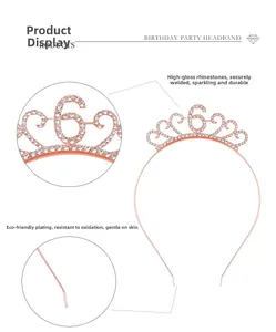 Detail of rose gold birthday crown with sparkling rhinestones and number six design