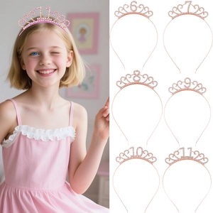 Cerchietto Corona Compleanno per Ragazze Strass Oro Rosa Rosa AB Cristallo Numero 3-11 Tiara Principessa Accessori Capelli